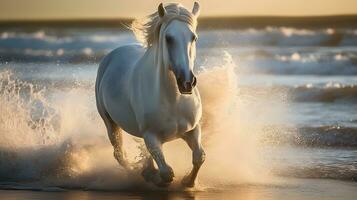 vit vild häst löpning i de vatten, fläck natur bakgrund. ai genererad foto