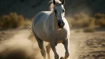vit vild häst löpning i de natur fläck bakgrund med massa av damm på de jord. ai genererad foto