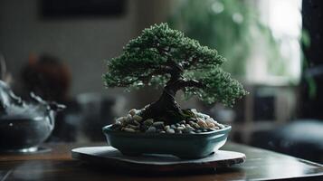 skön bonsai växt visa i en keramisk pott inomhus. ai genererad foto