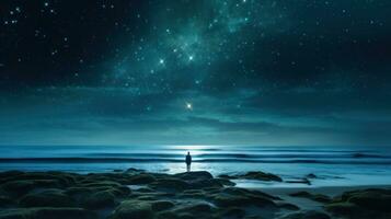 en person stående på de kant av de hav mot natt stjärnor foto
