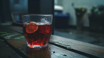 uppfriskande röd dryck dryck i glas, fokus på förgrund, inomhus- tabell. ai genererad foto