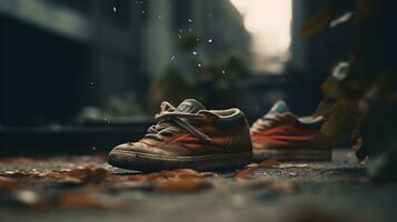 en smutsig röd skor om någonstans i de jord urban stad bakgrund. ai genererad foto