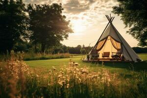 tält i de äng på solnedgång. årgång stil Foto. en lyx camping tält på en äng för utomhus- högtider, ai genererad foto