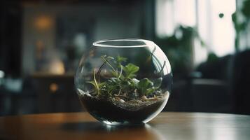 magnifik terrarium ekosystem med vibrerande växt liv och reflekterande glas. ai genererad foto