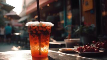 saftig frukt boba dryck på de restaurang marknadsföra tabell suddigt urban bakgrund. ai genererad foto