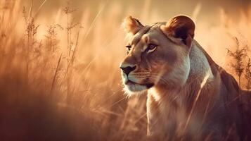 stänga upp porträtt från sida ansikte våldsam rovdjur kvinna lejon stirra eller ser hetero framåt- på de savann öken- bakgrund. ai genererad foto