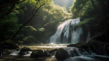 landskap av skön dimmig vattenfall dold i de djup djungel och flod strömma skuggning mellan de lång träd på de natur. ai genererad foto