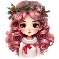 söt liten flicka med lång lockigt hår och röd jul hatt, jul dag ai generativ foto