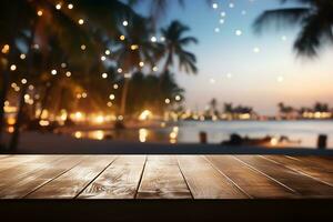 trä tabell topp på fläck strand fest natt bakgrund ai generativ foto