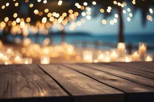 trä tabell topp på fläck strand fest natt bakgrund ai generativ foto