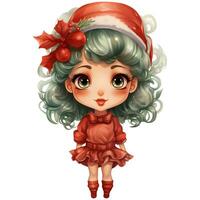 söt liten flicka med röd jul kostym och järnek krans ai generativ foto