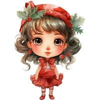 söt liten flicka med röd jul kostym och järnek krans ai generativ foto