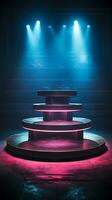 metallisk podium i en trogen miljö upplyst förbi neon lampor för främja tech Produkter och skärande ai generativ foto