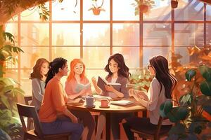 grupp av ung människor Sammanträde i en Kafé och läsning en bok. illustration i platt stil ai generativ foto
