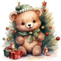 söt teddy Björn i en santa claus hatt med en gåva och en jul träd ai generativ foto