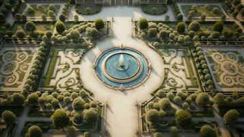 Foto av de skön trädgårdar av de palats av versaille, Frankrike. generativ ai