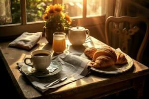 morgon- kaffe och tidning på en mysigt frukost tabell. foto