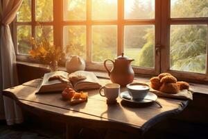 morgon- kaffe och tidning på en mysigt frukost tabell. foto