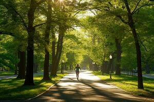 en person joggning i en parkera, njuter deras dagligen övning rutin- foto