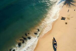 antenn se av de hav vågor med människor och båt på stranden. ai genererad. foto