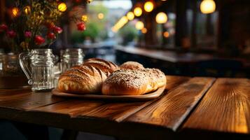 färsk bullar bröd bakverk lögner på de tabell i de Kafé bageri selektiv fokus suddig bakgrund. ai genererad foto