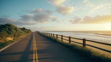 tömma asfalt väg bredvid de hav bakgrund, motorväg bredvid de hav, utomhus horisontell bild, generativ ai illustration foto