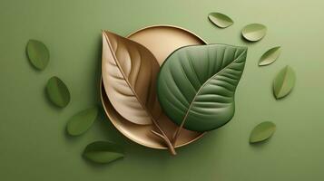 3d attrapp blad av träd och växt. ekologi, bio och naturlig Produkter begrepp, stänga upp se av löv sammansättning, minimal stil, generativ ai illustration foto