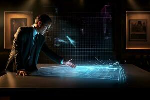 Foto en man i en kostym är rörande hologram skärm i främre av en skrivbord med en Graf på Det. generativ ai