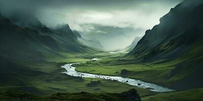 generativ ai, naturskön grön kullar i de moln, skön natur landskap antenn panorama, berg, antenn fotografi foto