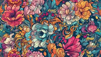 generativ ai, blommig färgrik sömlös mönster. lisa frank och James jean inspirerad naturlig växter och blommor bakgrund, psychedelic illustration. lövverk prydnad. foto