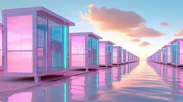 generativ ai, miami strand hyddor, sommar vibrafon retro illustration. årgång rosa och blå färger, byggnader, kalifornien palmer, 80s stil foto