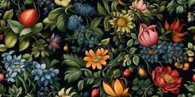 generativ ai, blommig färgrik mönster. william morris inspirerad naturlig växter och blommor bakgrund, årgång illustration. lövverk prydnad. foto