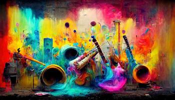 generativ ai, gata konst med nycklar och musikalisk instrument silhuetter. bläck färgrik graffiti konst med smält måla foto