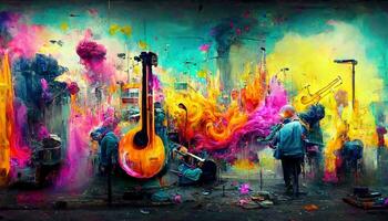 generativ ai, gata konst med nycklar och musikalisk instrument silhuetter. bläck färgrik graffiti konst med smält måla foto
