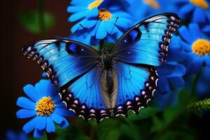 fjäril på blå blomma. närbild av fjäril. skön fjäril Sammanträde på en blå blomma, ai genererad foto