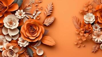 generativ ai, papper skära hantverk blommor och löv, aprikos krossa orange Färg, origami texturerad bakgrund, vår humör. blommig ram layout.. foto
