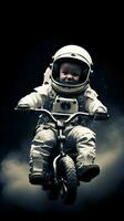 unge spaceman eller astronaut ridning cykel i galax Plats foto