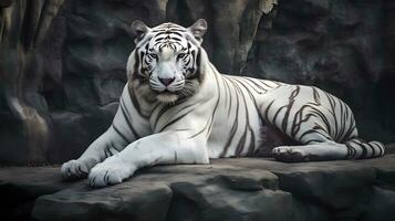 vit tiger eller blekt tiger liggande på de sten. ai genererad foto