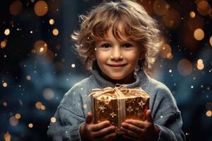 Lycklig barn öppning en närvarande på jul dag ai genererad foto