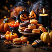 halloween mat, småkakor i annorlunda av former ai genererad foto