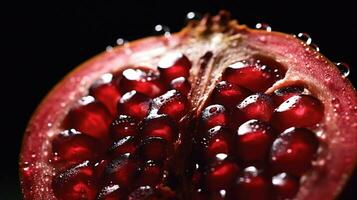 generativ ai, makro färsk saftig halv av granatäpple frukt med droppar av vatten bakgrund. närbild Foto