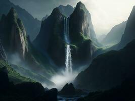 en vattenfall i de bergen med en mörk himmel ai genererad foto