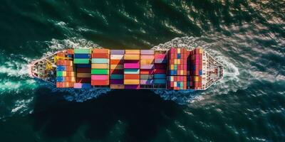 generativ ai, behållare fartyg i importera exportera och företag logistik. antenn se, vatten transport, frakt frakt i öppen hav. foto