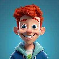 en glad tecknad serie porträtt av en generisk röd huvud pojke med fängslande blå ögon. ai genererad foto