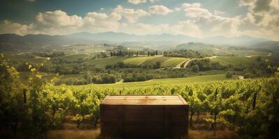 generativ ai, skön vingård med trä- fat, grön landskap. rader av vinstockar på solnedgång foto