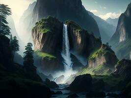en vattenfall i de bergen med en mörk himmel ai genererad foto