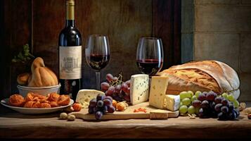 generativ ai, vin fortfarande liv med vindruvor, rosmarin, skinka, blå ost, fikon, bröd. foto