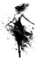generativ ai, skön dans kvinna dragen förbi svart bläck eller vattenfärg. hand måla svart och vit mode skiss. foto