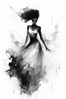 generativ ai, skön dans kvinna dragen förbi svart bläck eller vattenfärg. hand måla svart och vit mode skiss. foto