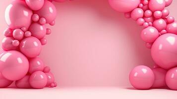 generativ ai, båge av rosa ballonger. födelsedag fest för flicka 3d bakgrund, dusch. mockup, mall för hälsning kort foto